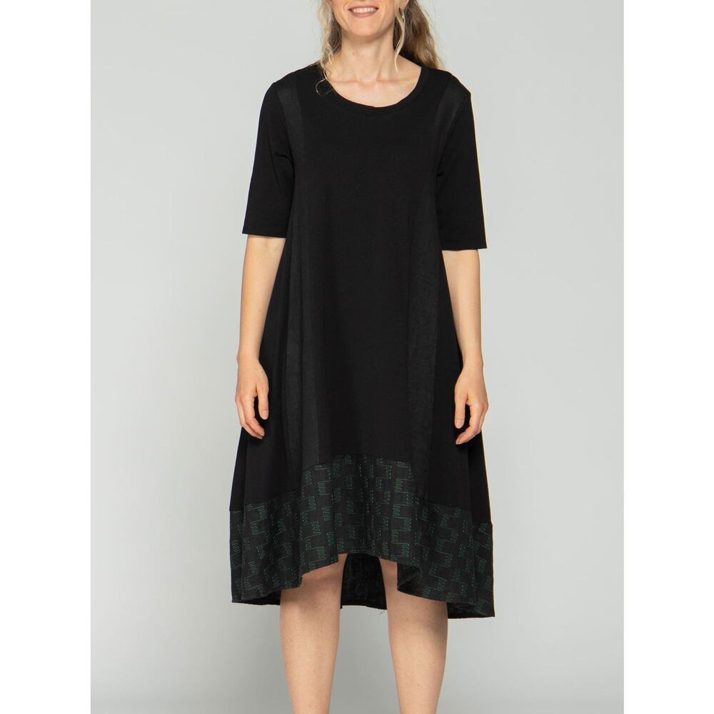 Luukaa Women Black Midi Cotton Dress Size 12 Green Stitch Short Sleeve NWT
